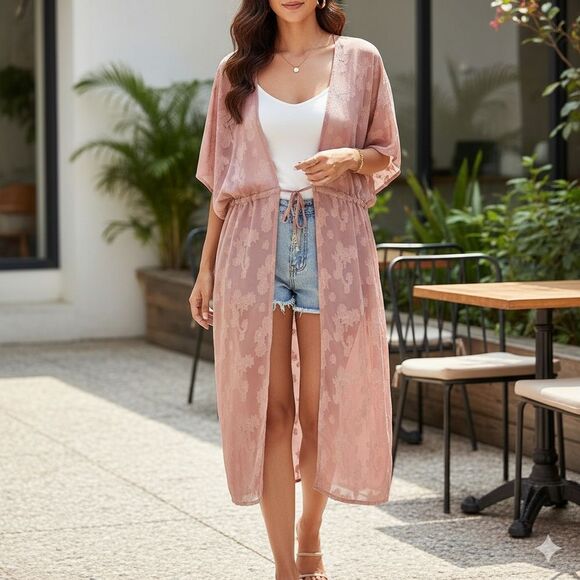 Pink Floral Sheer Longline Open Tie Front Cover - Picture 1 of 9